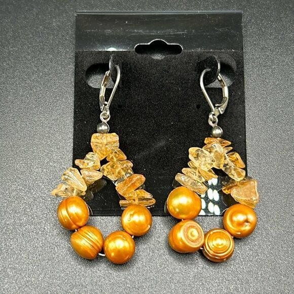 BOGO Free Jewelry...VTG Citrine Dyed Freshwater Pearl Lever Back Earrings - Picture 1 of 5